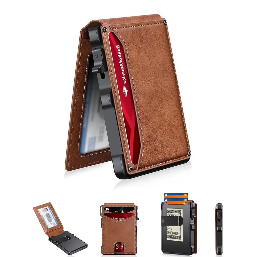 Carteira Slim Minimalista para Homens: 9 - 13 Cartões, Clipe para Dinheiro, Janela para Identificação. Bloqueio RFID, Ca