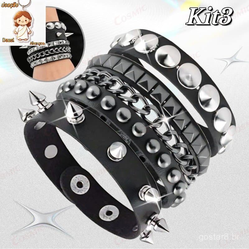 Pulseira de Couro com Pontas e Prego-3Peças Layered Punk Rock - Acessório Feminino/Masculino-CO