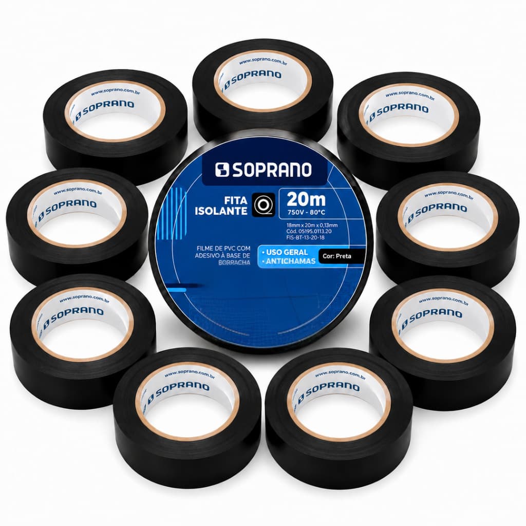 Kit 10 Fitas Isolantes Pretas 20 Metros 18mm - Soprano