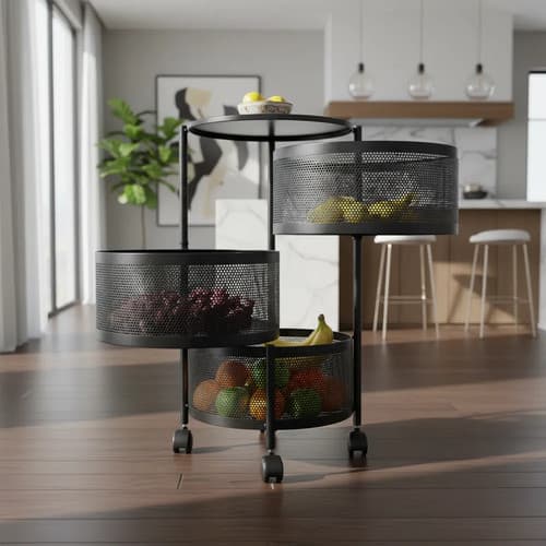 Fruteira Chão Redonda 3 Cestos Com Rodinhas Multiuso Para Cozinha Banheiro Salão Lavanderia De Metal e Compacta Preto