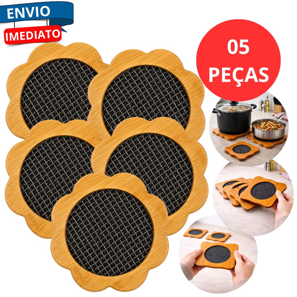 Kit 5 Descanso De Panela Apoio Base Flor Madeira MDF Aço Inox Bancadas Mesa Antiderrapante Travessa