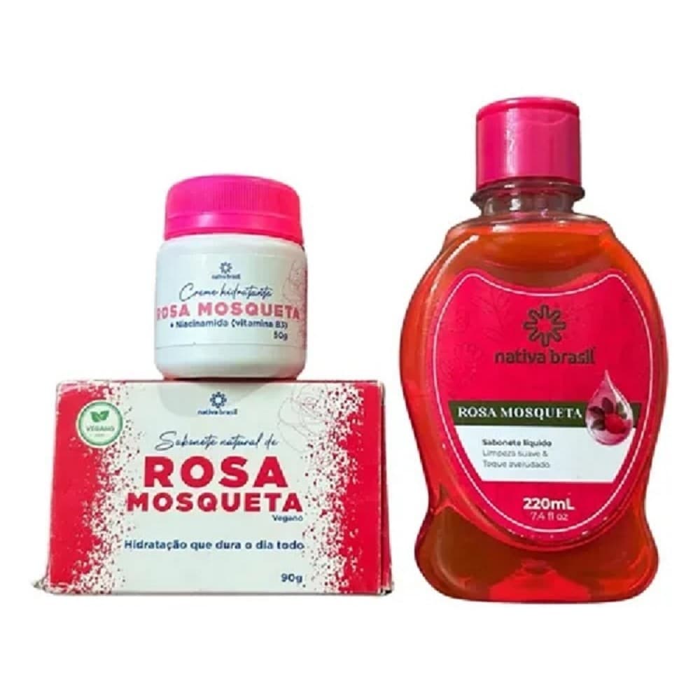 Kit Rosa Mosqueta Pomada 50g Sabonete Liquido 220ml  + Sabonete Barra 90g Nativa Brasil