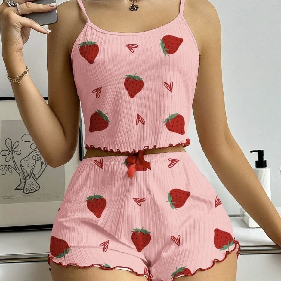 Conjunto de Duas Peças para Uso Doméstico Feminino: Camisola e Shorts RFLD