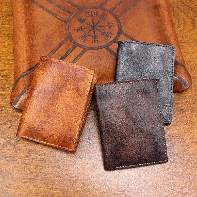Carteira masculina de couro curtido vegetal, polido à mão, couro genuíno desgastado, Slot para vários cartões, curta, pr