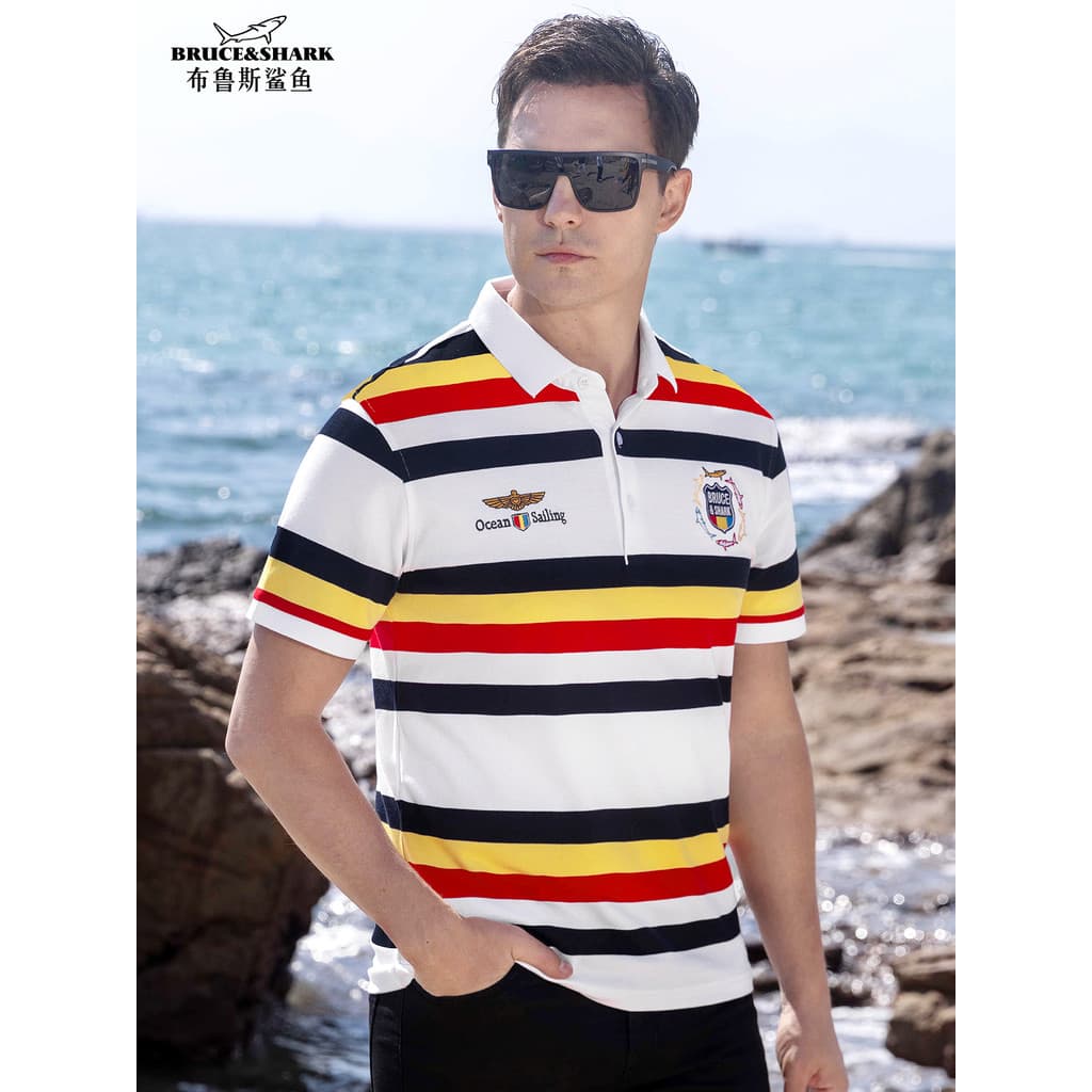 2025 verão novo estilo frisado algodão camiseta masculina listrado de manga curta Bruce Shark Plus Size camisa Polo solt