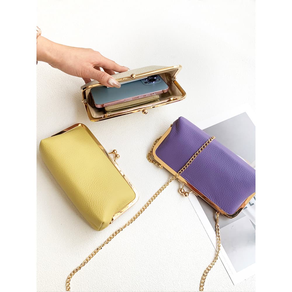 Couro puro novo estilo corrente ombro mensageiro pequeno saco do telefone móvel moeda bolsa moda simples couro clipe sac