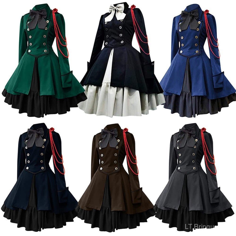 Vestido de cosplay medieval, vestido gótico renascentista, vestido de cosplay punk vintage com laço e babados.