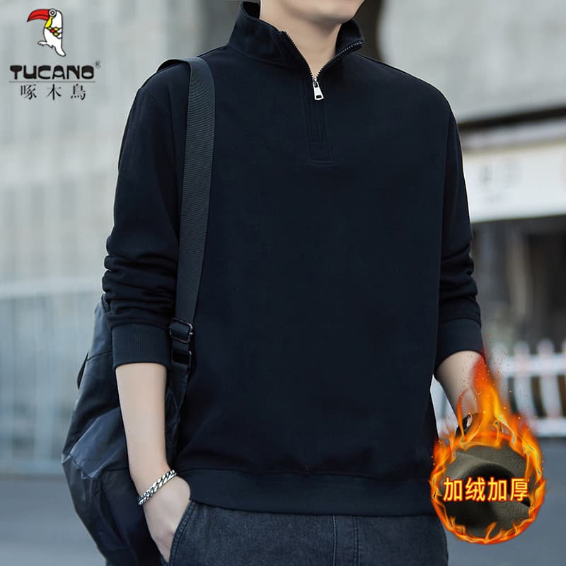 Woodpecker meio zíper moletom masculino 2025 novo estilo outono inverno forro de lã engrossado camisa de fundo Casual lo