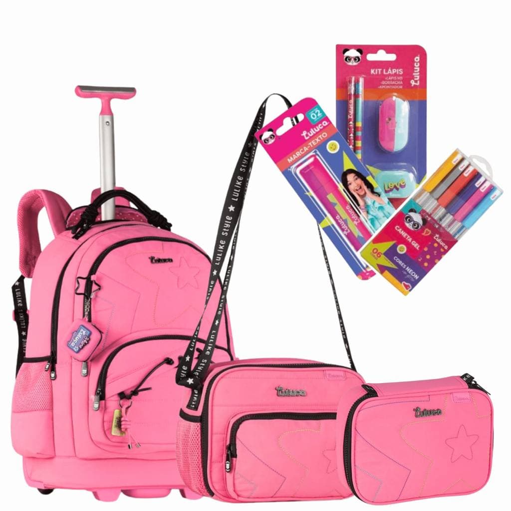 Super Kit Luluca Juvenil Com Material Escolar Mochila de Carro com Estojo e Material Escolar Coleção 2026 Rosa Clio