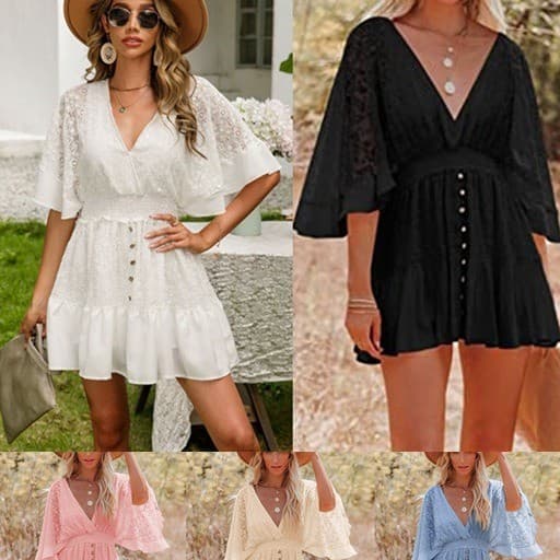 Real Shot verão comércio exterior Cross-Border novo vestido feminino renda costura manga morcego