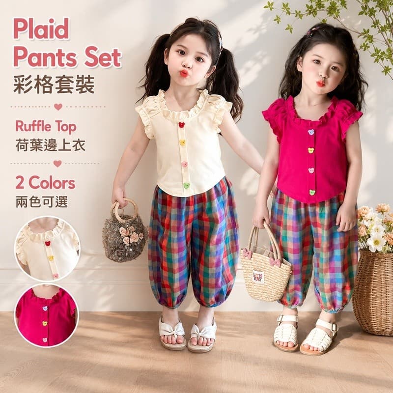 Conjunto infantil feminino, conjunto de duas peças fino e elegante em estilo coreano, calças xadrez de manga curta para