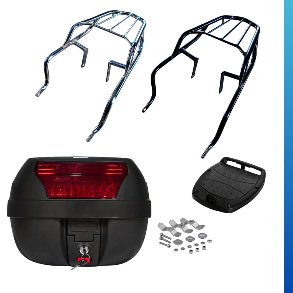 Bagageiro Biz 125 + Baú Bauleto 28 Litros 2012 2013 2014 2015 2016 2017 Preto Cromado Aço Pro Tork Original