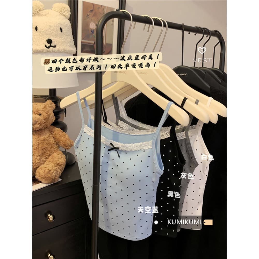 Cinza quente menina puro desejo estilo renda pequena camisola feminina verão com almofada no peito bolinhas magro-ajuste