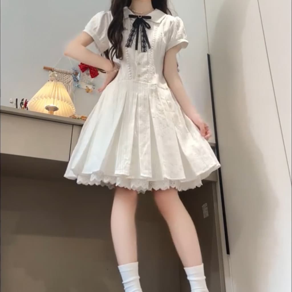 Vestido estilo Preppy feminino verão doce temperamento arco Design sentido cintura estreita mais magro olhar pequeno ves