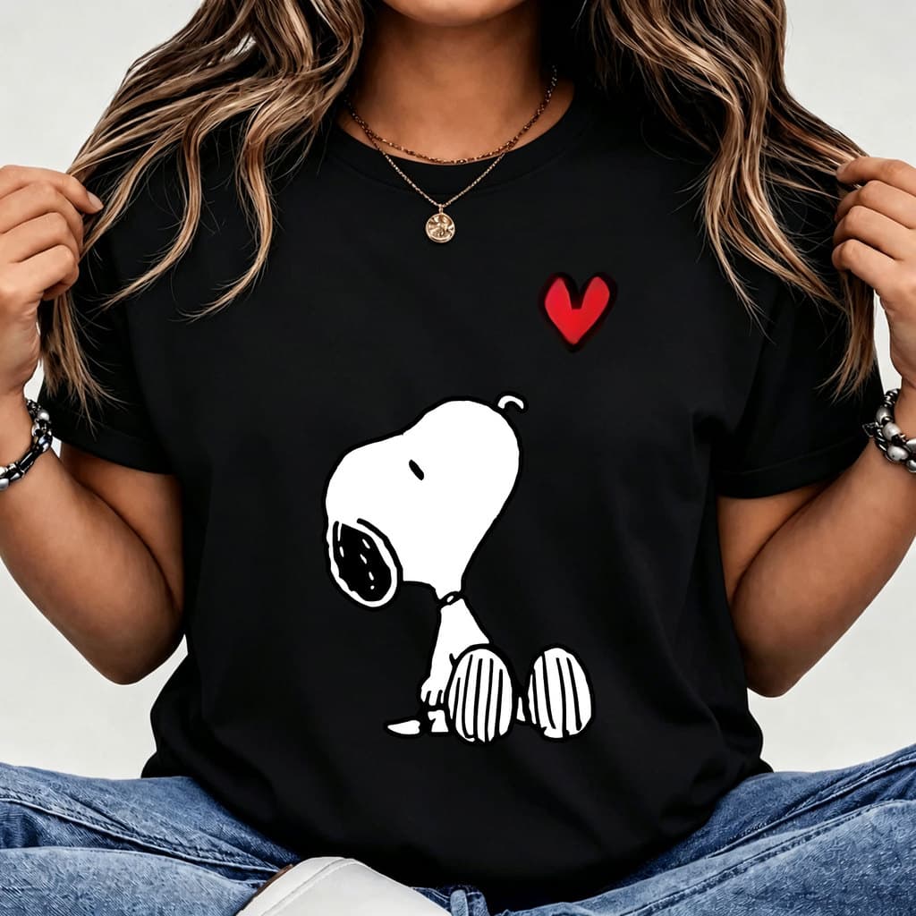 [Camiseta Premium em Algodão Puro]LA T-Shirt Feminino Curto Peanuts Snoopy Estilo Nostálgico Infantil Cor Preta para Dia