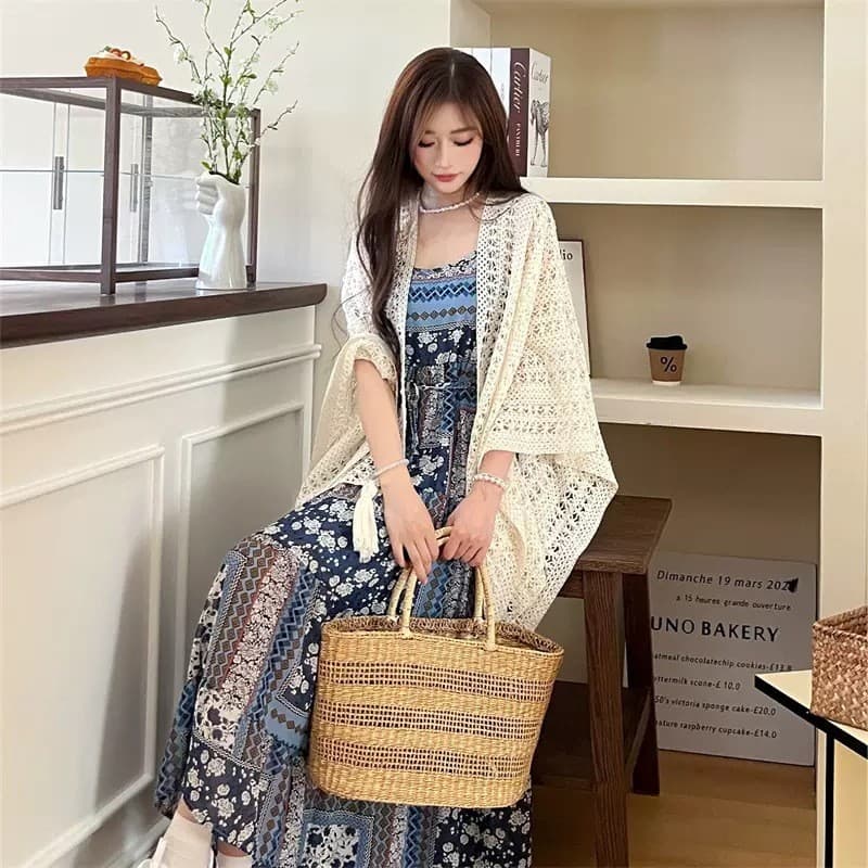 Estilo de férias malha borla Cardigan feminino estilo fino primavera outono pequeno xale com saia blusa exterior D#19