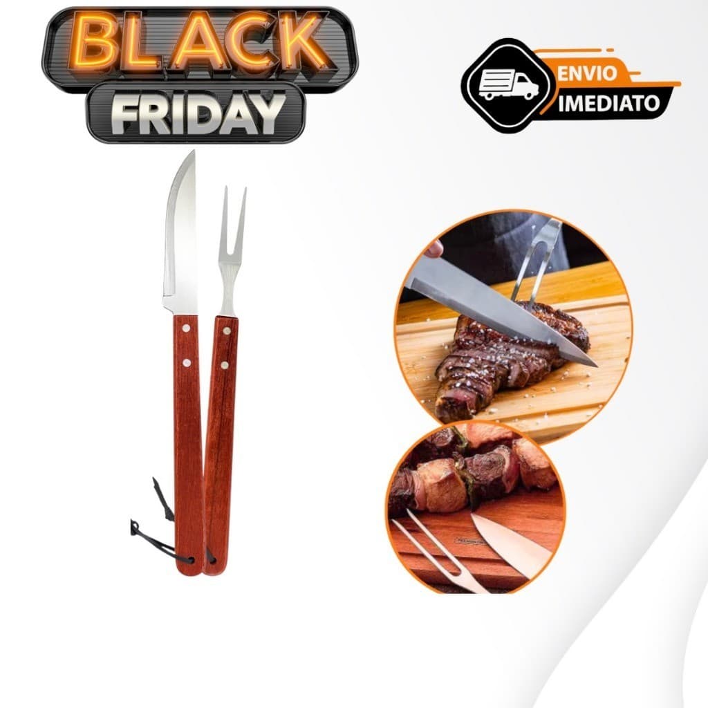Kit De Churrasco Clássico Cabo Grande 37 cm Faca e Garfo Cabo Madeira