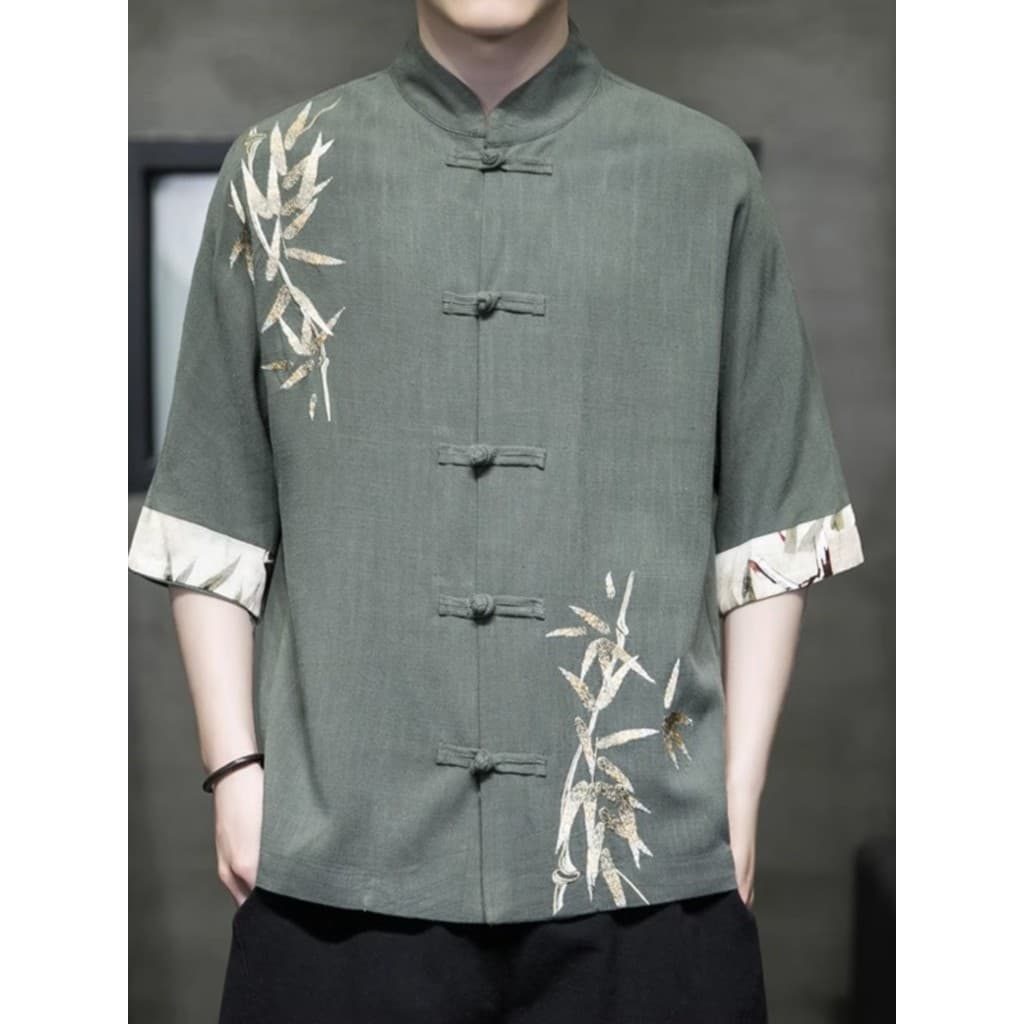 Verão estilo chinês camisa de linho masculina camisa de manga curta estilo chinês melhorado Hanfu Tang terno bordado alg