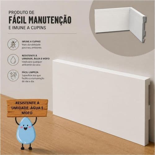 Kit 5 Barras Rodapé Poliestireno Liso Branco 15cm x 1m Passa Fio