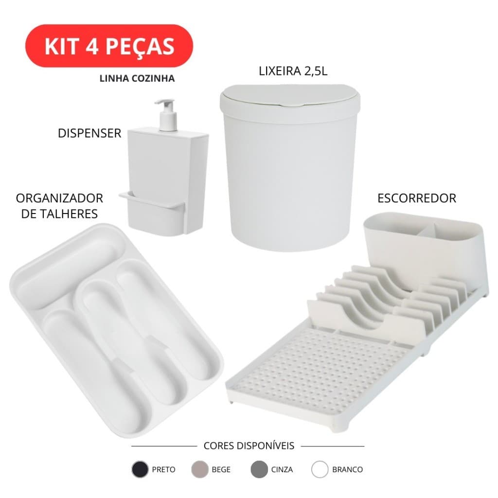 Kit 4 Peças Cozinha Organizador Talheres Escorredor Louça Dispenser Lixeira 2,5L AmpePlast Multiuso