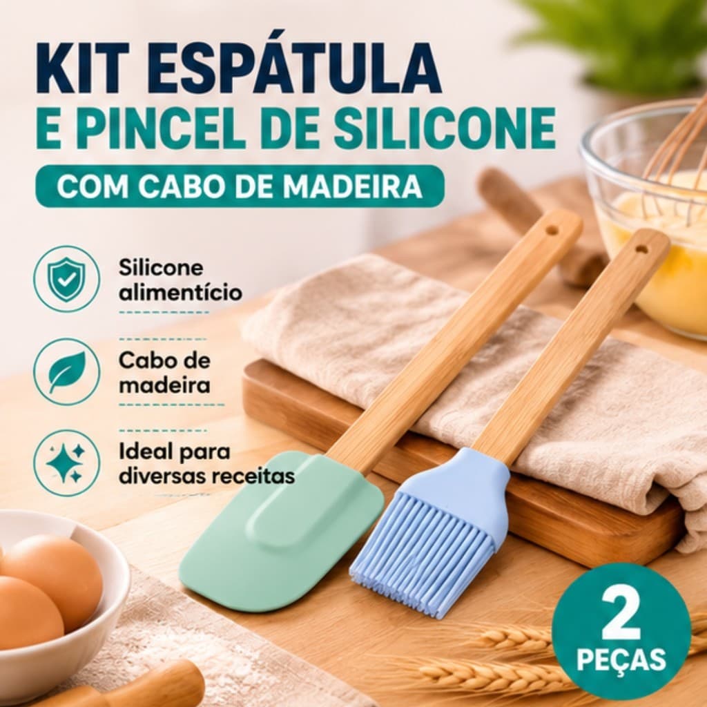 Jogo Espátula E Pincel De Silicone Cabo Madeira 2 Peças 28cm Utensílios Culinários Confeitaria Cozinha