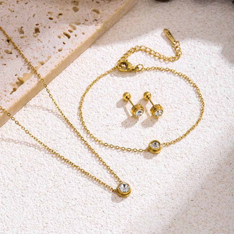 Conjunto de brincos de orelha de colar de diamante único de empilhamento de camada dupla Mini zircão titânio aço clavícu