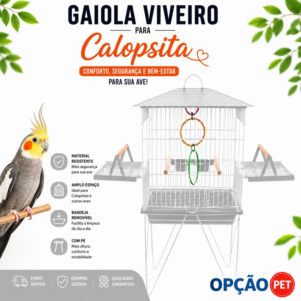 Gaiola Viveiro para calopsita com bandejas laterais + ACESSÓRIO UM JOGO DE ARGOLA COLORIDA mansa teto plástico BRANCO