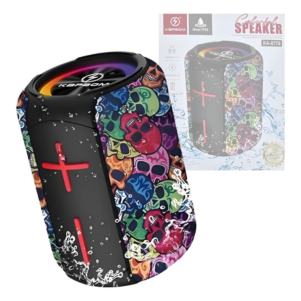 Caixa De Som Led Bluetooth Portátil Tws Estampa Caveira Spea