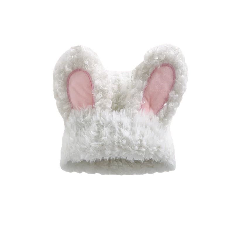 Chapéu de Pelúcia com Orelhas de Coelho 3D, Touca Quente para Outono e Inverno que Afina o Rosto, Chapéu Fofo e Versátil