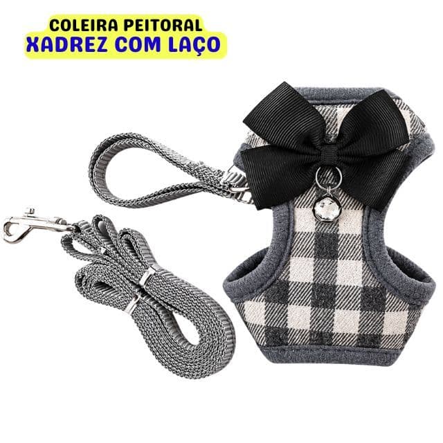 Coleira Peitoral Xadrez com Laço para Cães de Pequeno Porte e Gatos