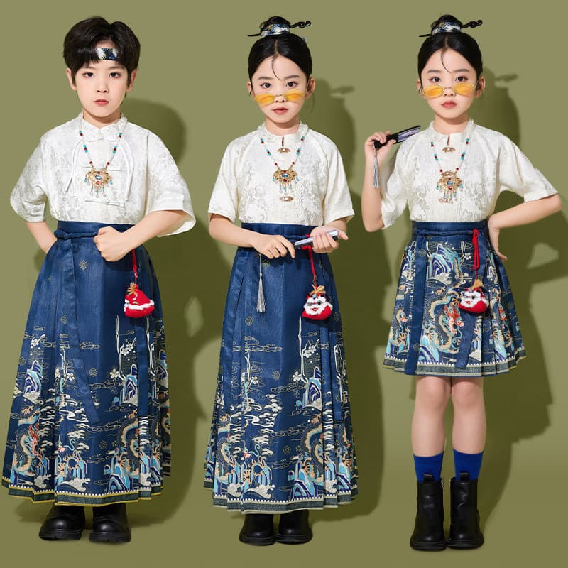 Dia das crianças dia das crianças desempenho traje meninos meninas chinesas Hanfu cavalo rosto saia desempenho traje Che