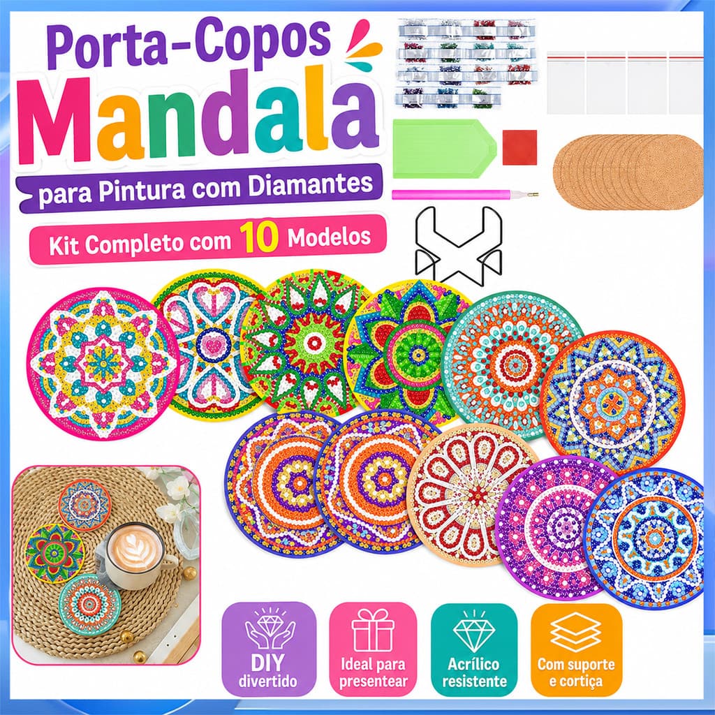 10 Mandala DIY pintura diamante porta-copos conjunto cortiça antiderrapante isolamento térmico mão-vara pacote de Materi