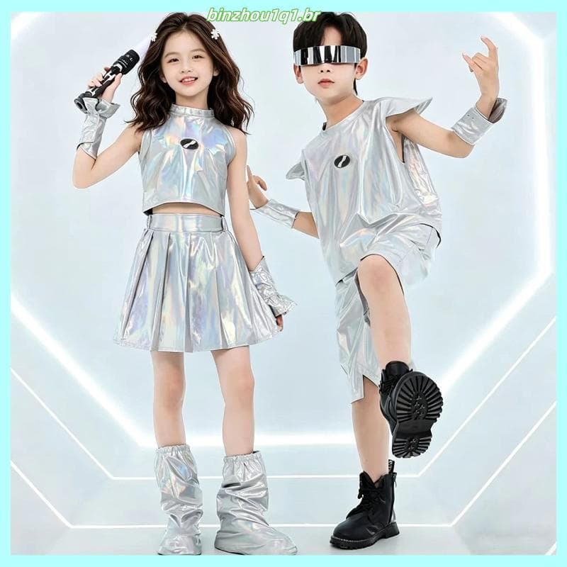 Robô infantil AI tema futuro tecnologia sentido traje prata brilhante traje de dança Jazz dança desfile de moda