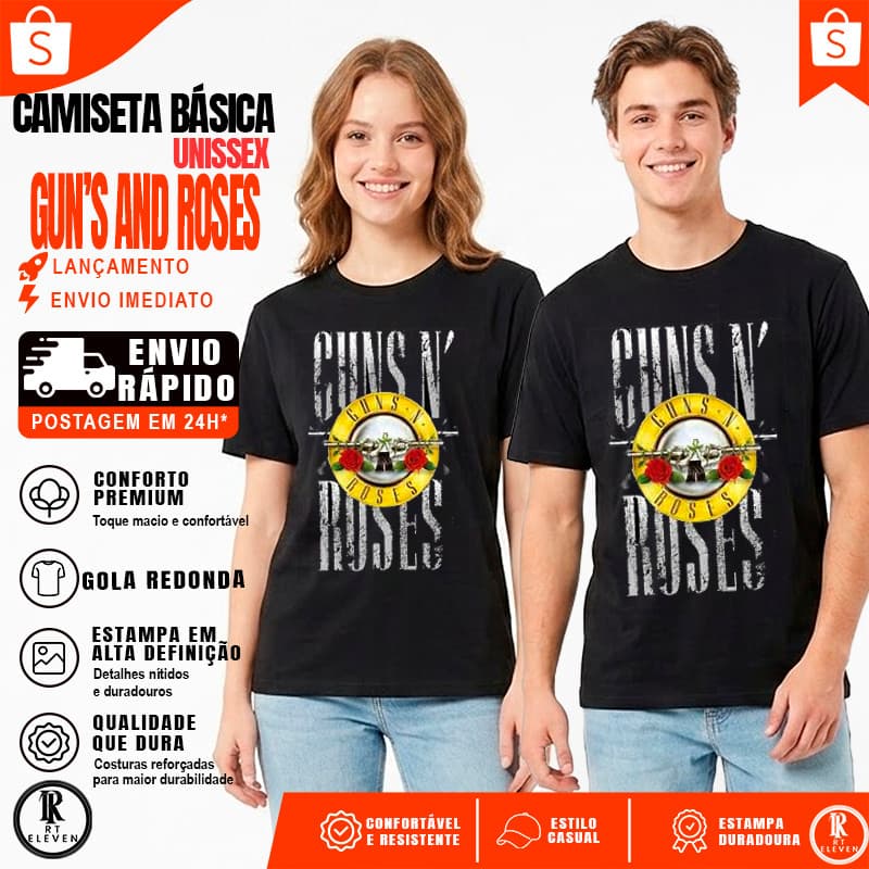 Camiseta T-Shirt Guns N Roses  Rock And Roll Masculina e  Feminina Malha 100% Algodão 30.1 Linha Premium