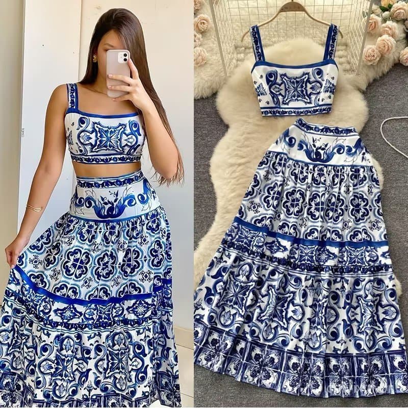 Novo design em estilo boêmio, elegante conjunto de duas peças com saia pendular estampada grande (25259) TSFO