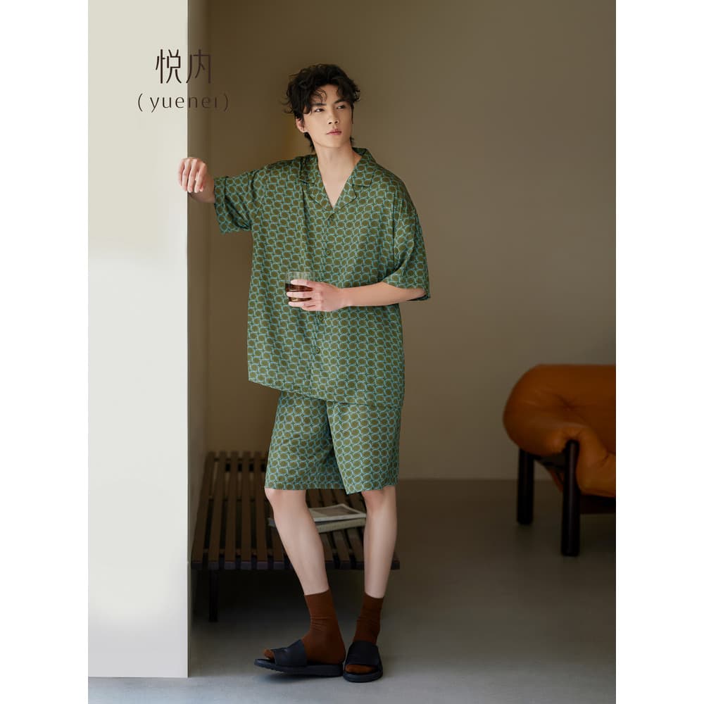 Yue pijamas internos masculinos verão verão verão gelo seda Shorts de manga curta tamanho grande Loungewear moda Cardiga