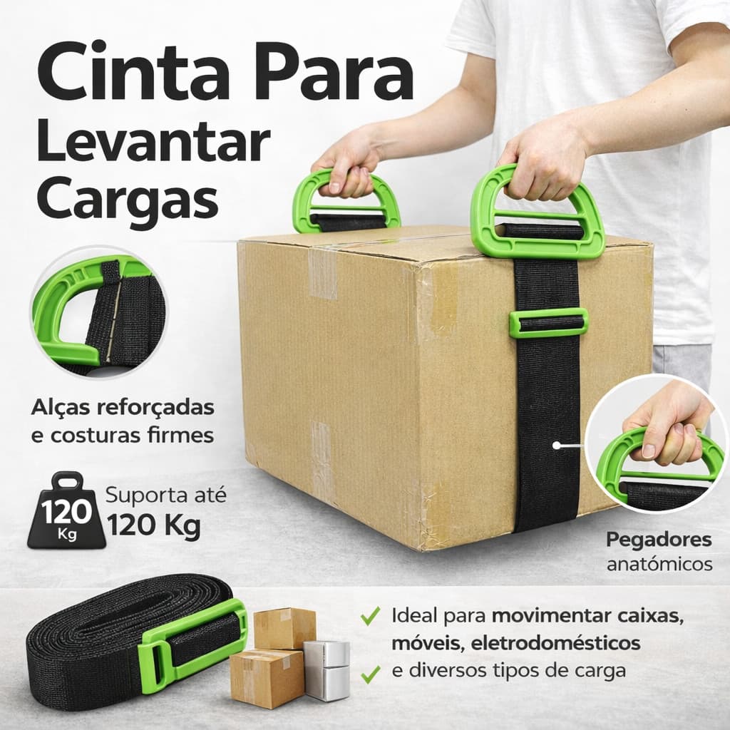 Cinta Para Levantar Cargas 120kg Com Alças Apoio Transporte Móveis Kit 1/2 Unidades