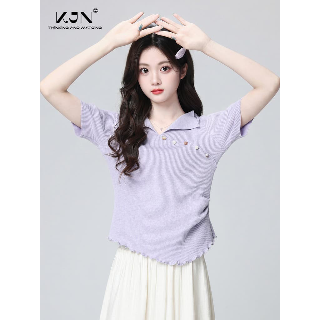 Roxo com decote em V camiseta de manga curta feminina primavera verão 2026 primavera novo estilo Irregular cintura estre