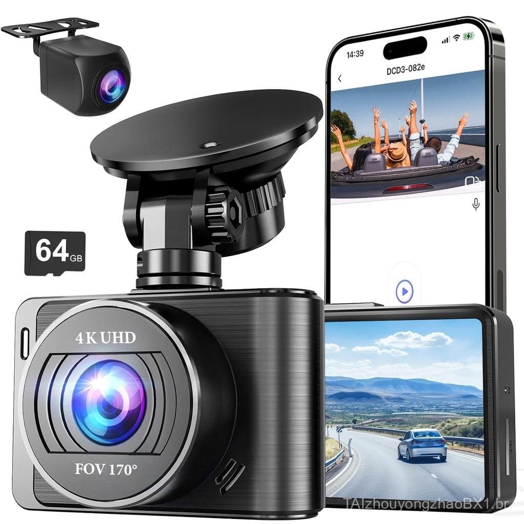 Câmera Veicular, Câmera Veicular 4K/1080p Frontal e Traseira, Wi-Fi 5G Integrado, Câmera Veicular com Cartão SD de 64GB,