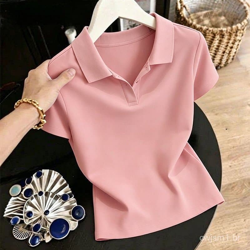 Blusa de Algodão Plus Size Feminina, Casual de Verão, com Gola e Manga Curta
