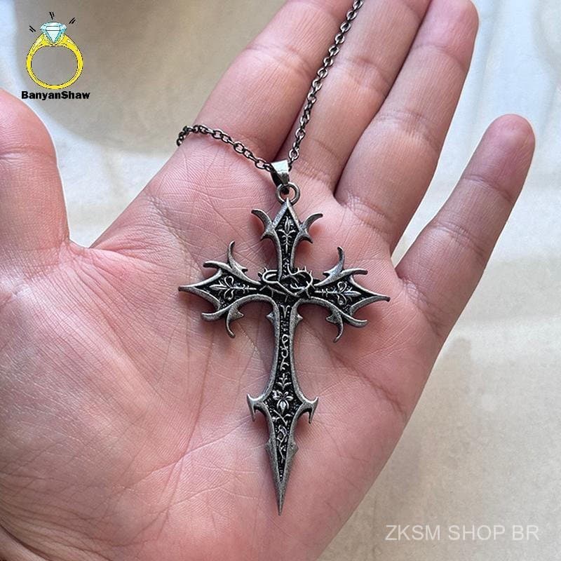 Colar Vintage Gótico com Cruz, Pingente Religioso de Prata, Joia de Presente de Natal para Homens e Mulheres