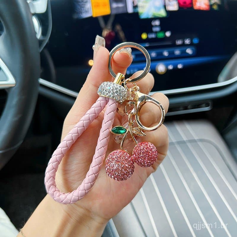 Chaveiro de Carro com Cereja Incrustada em Diamantes, Pingente de Bolsa, Anel de Metal, Presente Criativo e Fofo para Me