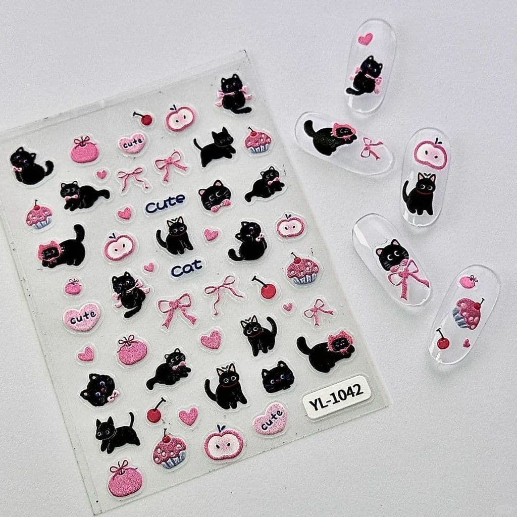 [Estoque pronto] Adesivo de Manicure de gato preto em relevo de desenho animado Kitty Bow ccd Unha fofa decoração à prov