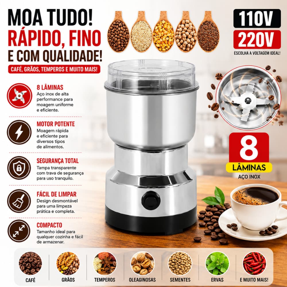 Moedor Elétrico de Café Grãos Temperos 8 Lâminas Aço Inox 110V ou 220V