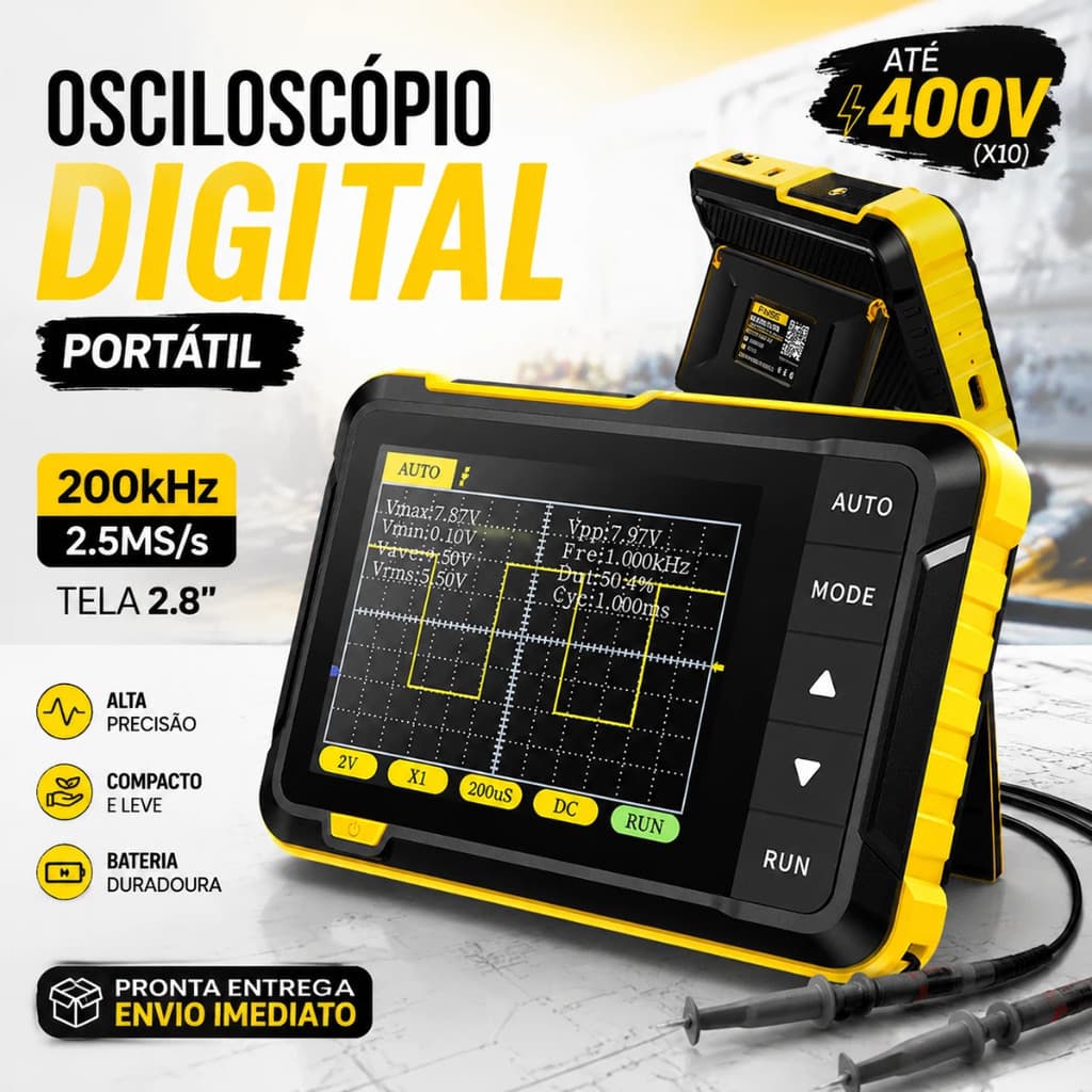 Osciloscópio Digital Portátil 200kHz 2.5MS/s Tela 2.8" Precisão 400V