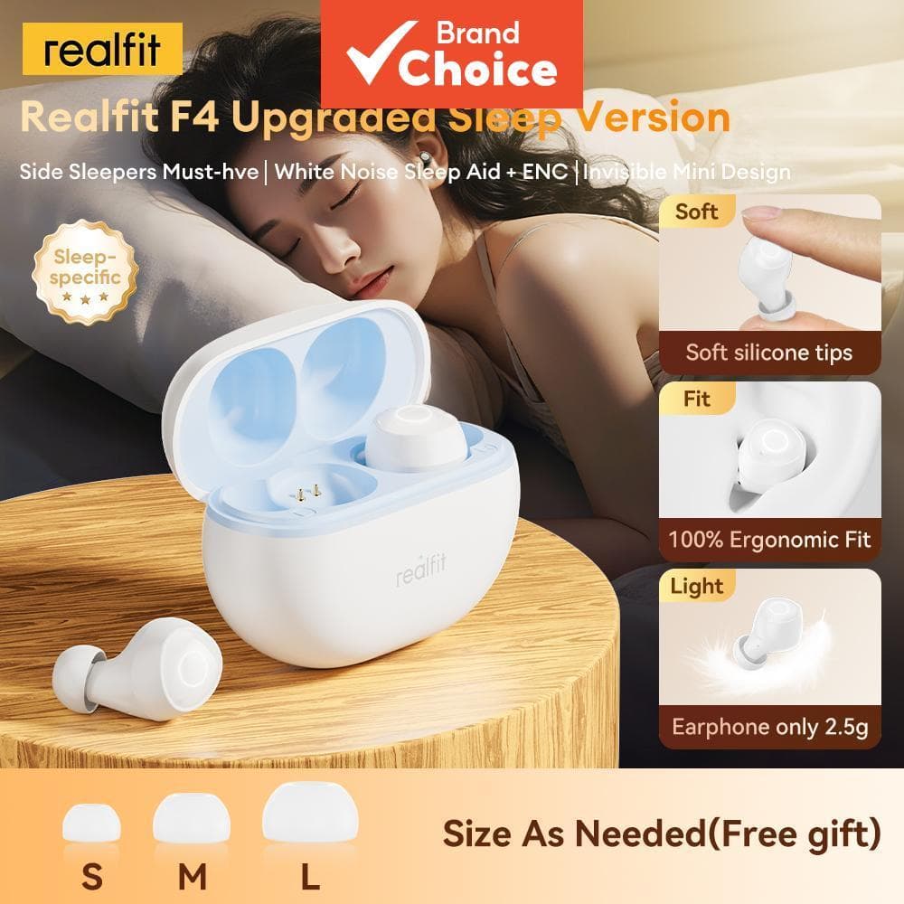 Fones de Ouvido Realfit F4 Bluetooth 5.4/6.0 Sem Fio, Ultra Finos para Dormir de Lado, 32h de Reprodução, Modo de Ruído