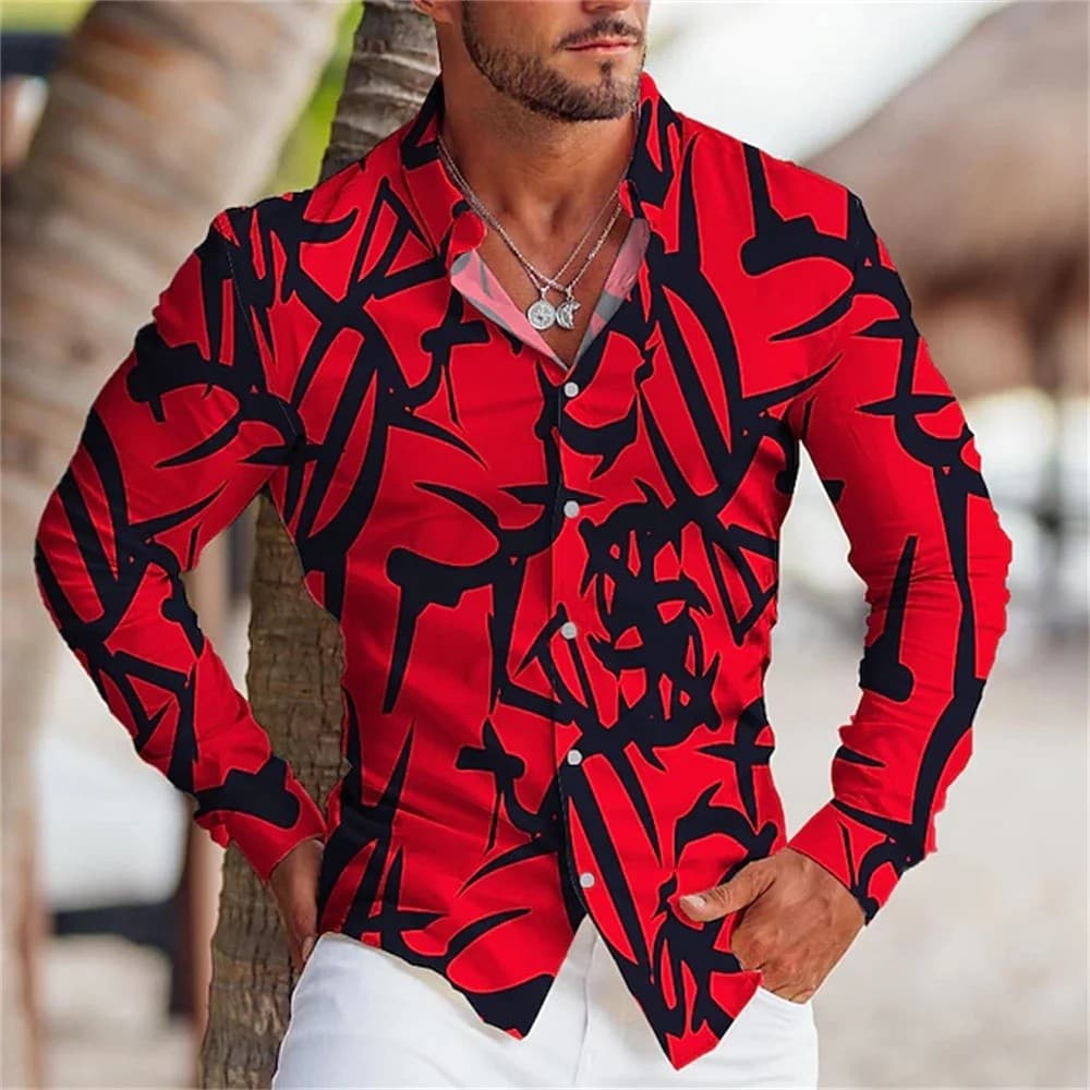 Camisa Masculina de Manga Longa com Estampa Gráfica Geométrica Ruby, Design Moderno com Botões e Lapela, Tamanhos S-6XL,