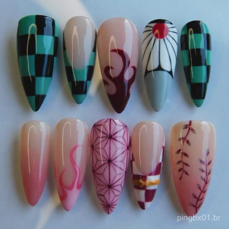 Kit de 12 Unhas Postiças Realistas de Demon Slayer – Estilo único de Kimetsu no Yaiba, perfeito para cosplay ou uso diár