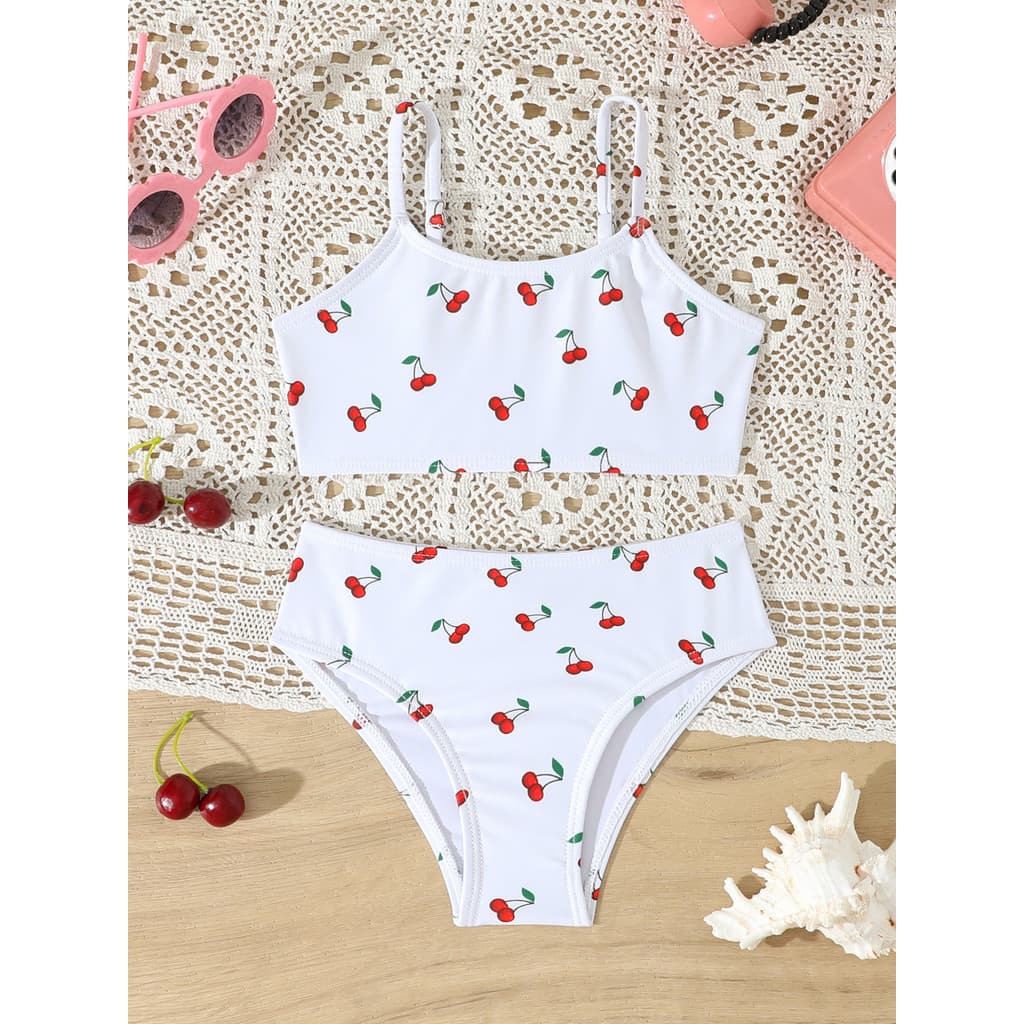 Crianças 4-7Y Branco Cereja Fruta Impressão 2 Peça Conjunto De Biquíni Ajustável Cinta Espaguete Colheita Topo Cintura A