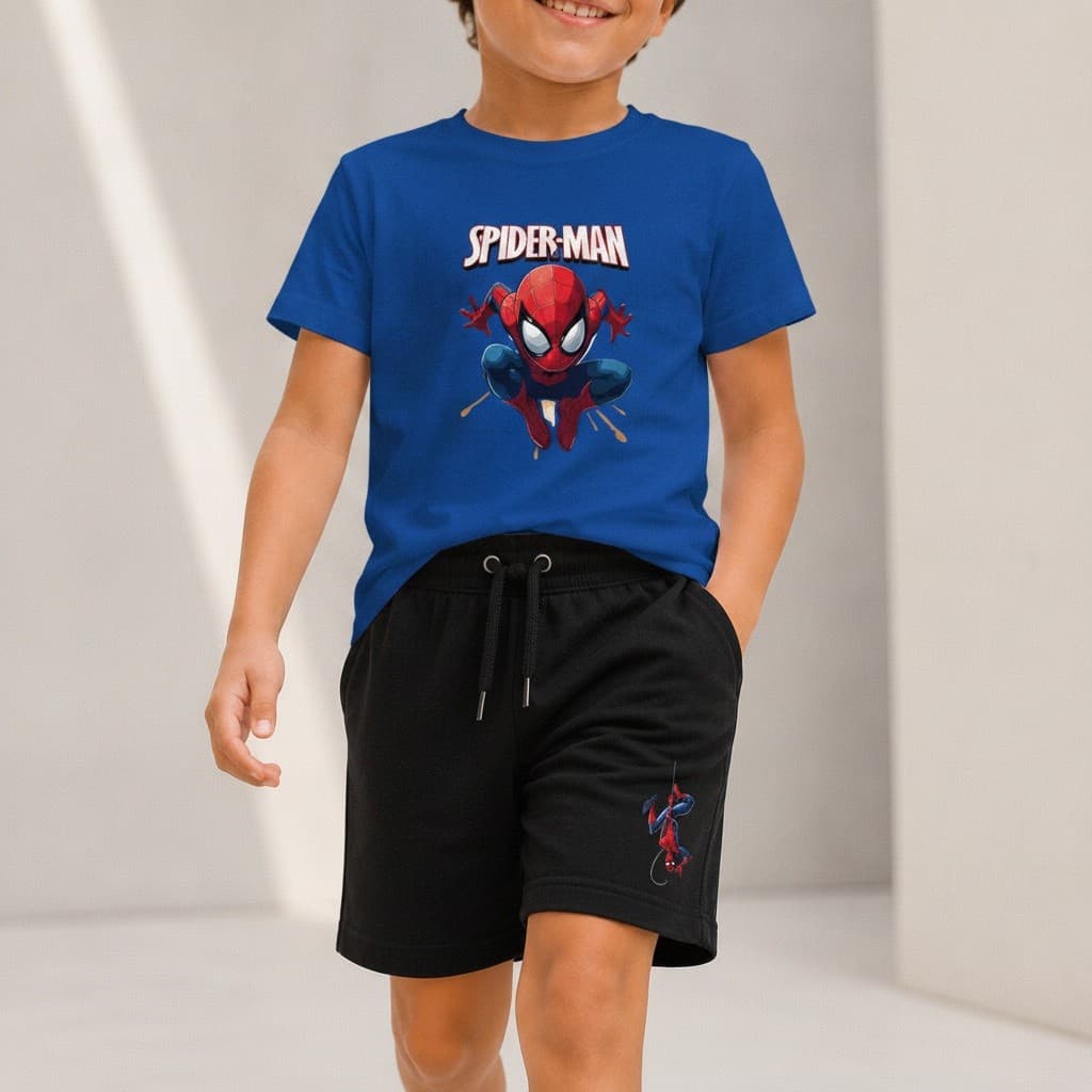 Kit Camiseta Infantil Aranha Branca Spider Man Menino e Bermuda Moletinho
